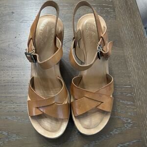 Kork‎ Ease Ava Platform Wedge Sandals Size 9 Cognac Brown Buckle Summer Leather